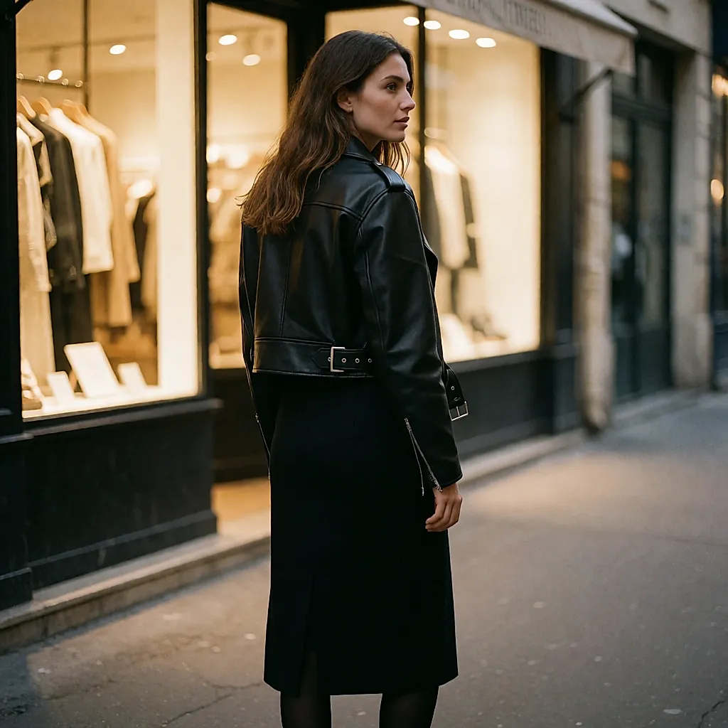 Short biker jacket in thick black leather with a silver buckle, seen from behind on a street at night