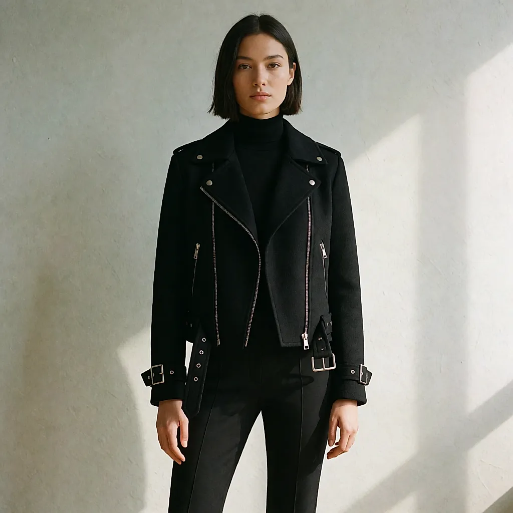 Black wool motorcycle jacket with a double zip and silver straps, worn over a roll-neck
