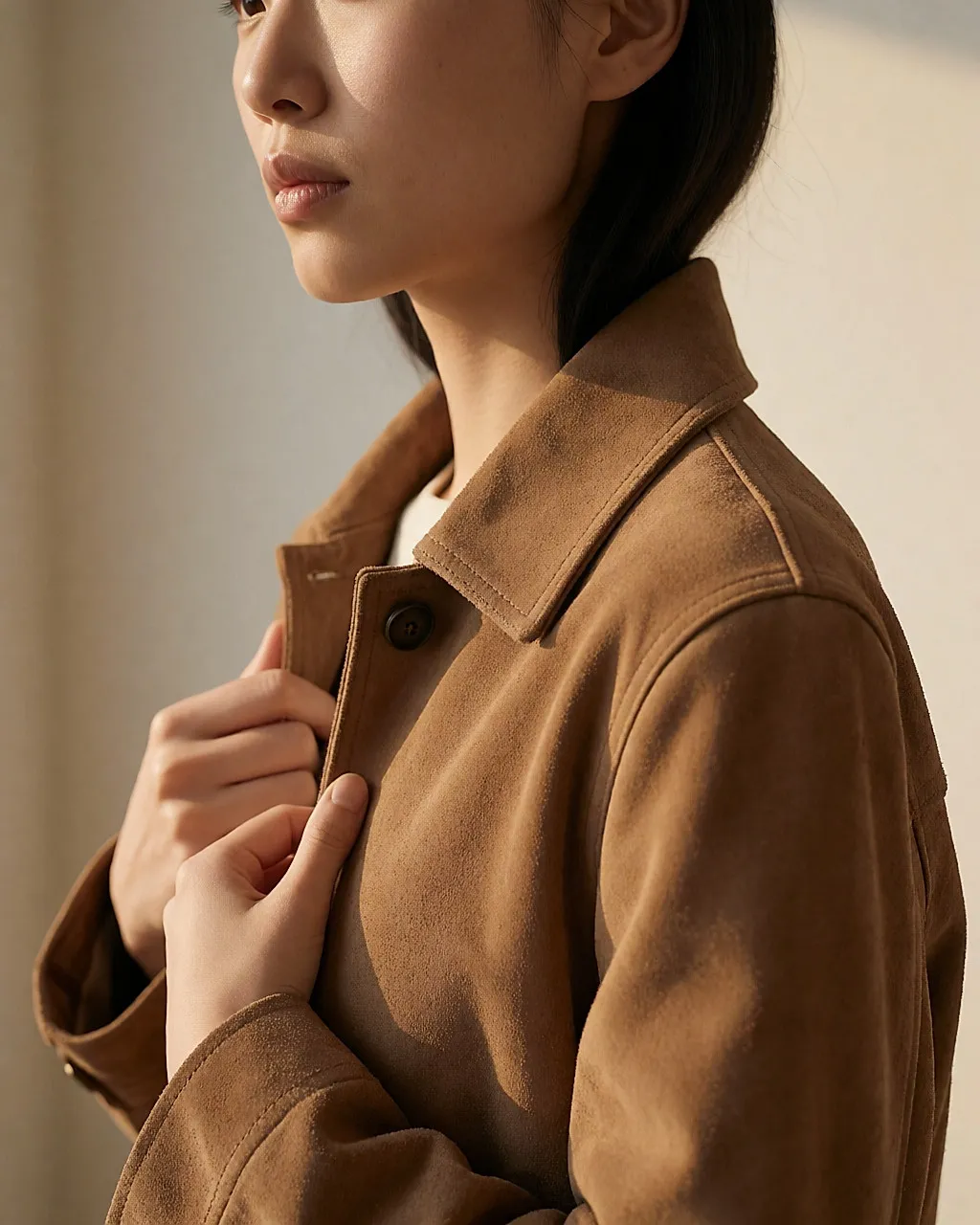 Young Asian woman in profile in a camel suede biker jacket, close-up