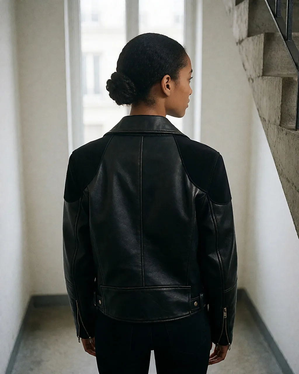 Mixed-heritage young woman seen from behind in a black motorcycle jacket, hair up