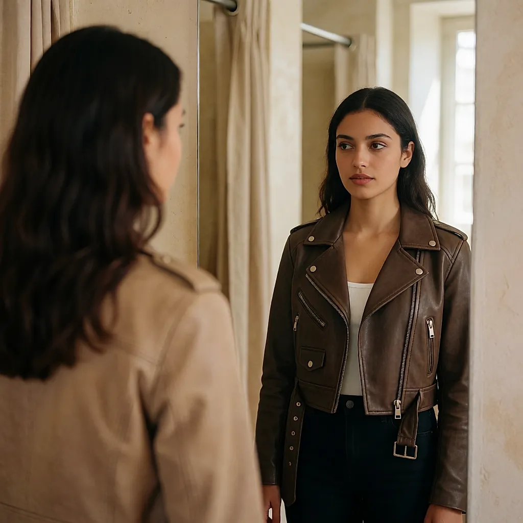 Young Maghrebi woman in a cropped biker jacket in front of a fitting-room mirror