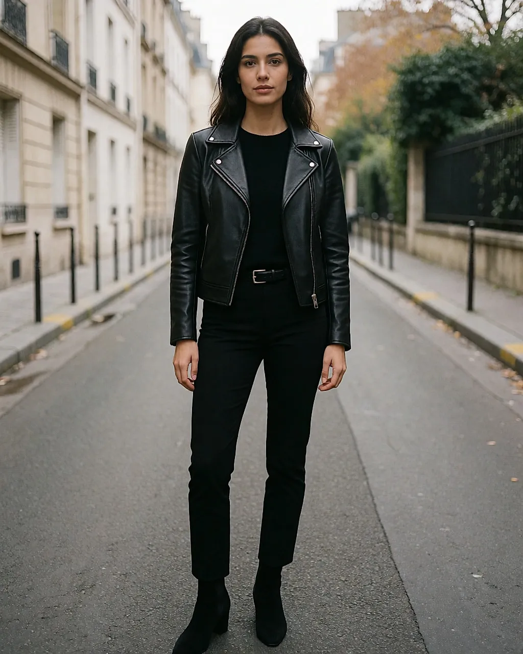 Young Latina woman in an all-black outfit with biker jacket and boots, full-length in the street