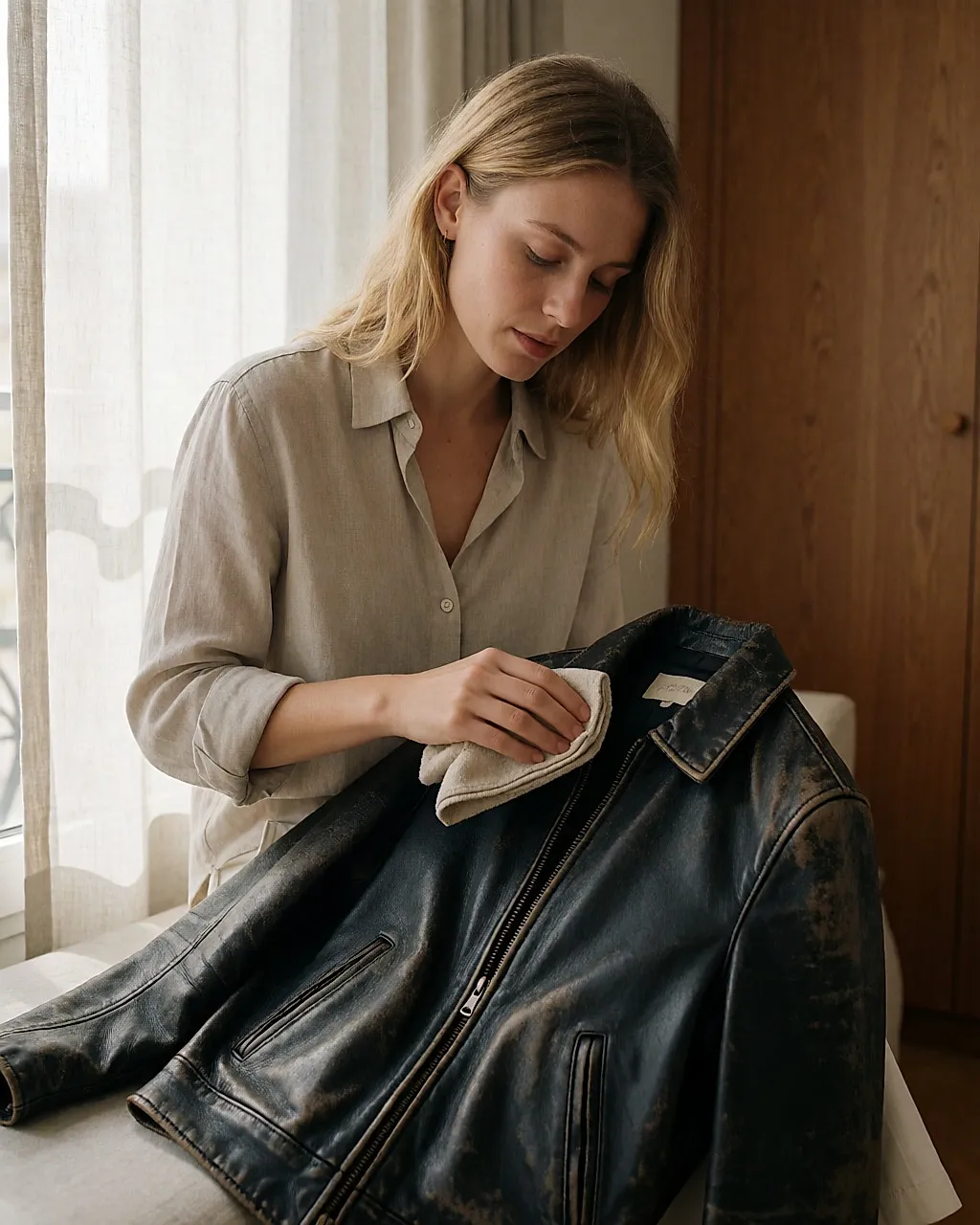 Young woman caring for the patinated leather of her second-hand biker jacket at home