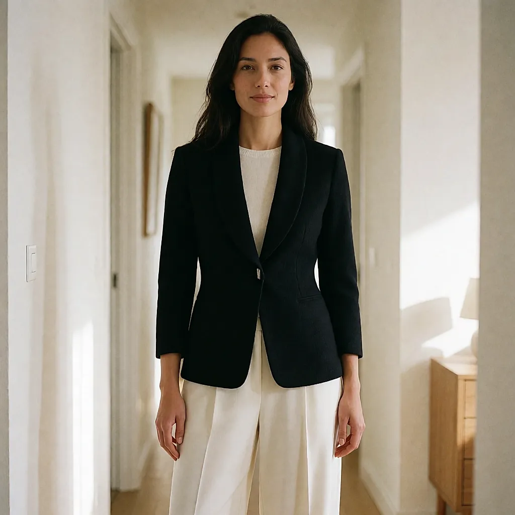 Black jacket with a large shawl collar and mini asymmetric zip, worn over an ivory knit and tailored trousers
