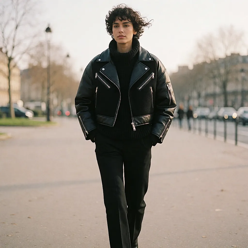 Black padded biker jacket with wool panels and multiple zips, worn on a winter pavement