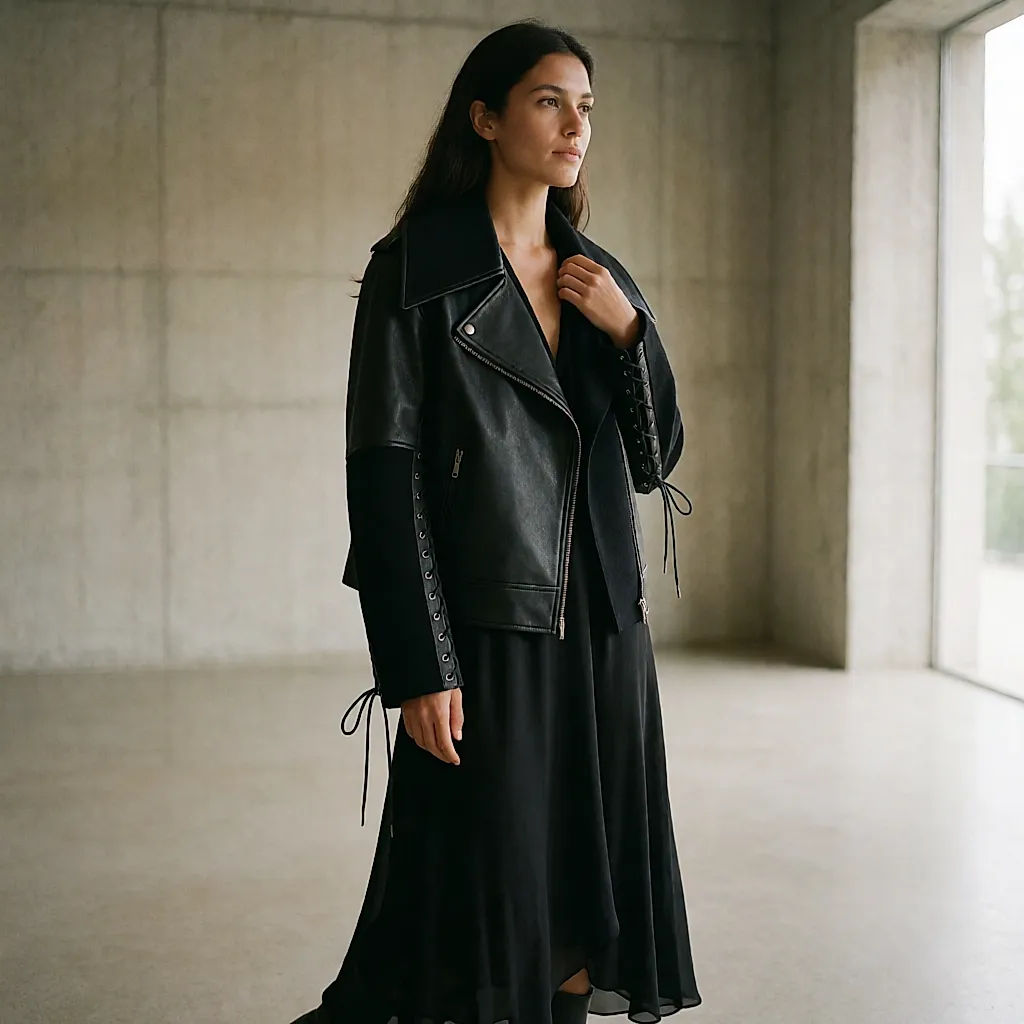 Soft leather biker jacket with a large collar, wool sleeves and laced details, worn over a fluid dress