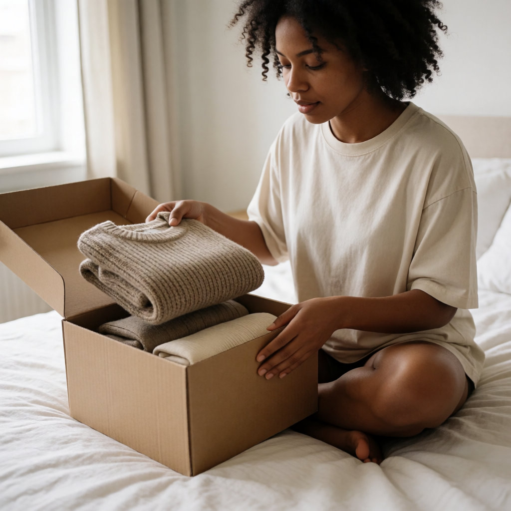 Jeune femme assise sur son lit ouvrant une box de vêtements à essayer