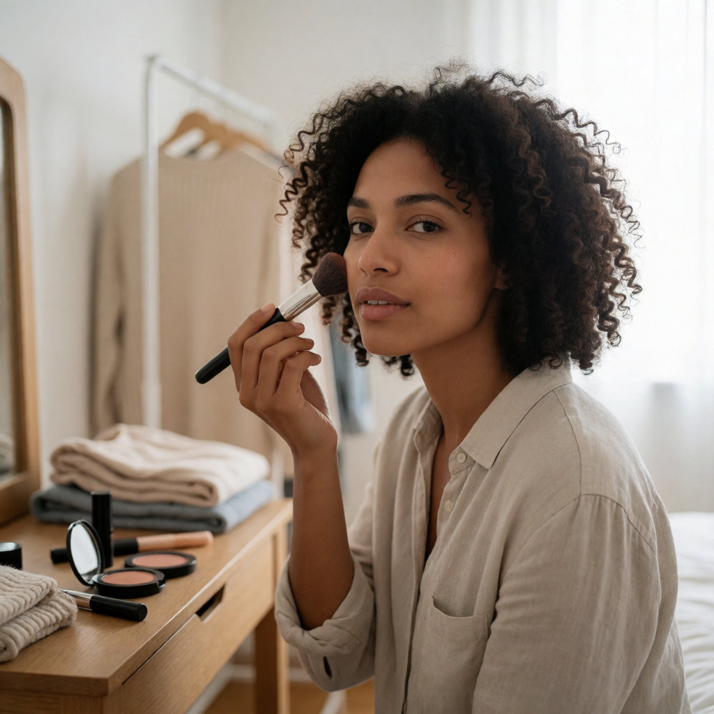 Jeune femme appliquant du blush au pinceau à sa coiffeuse dans une lumière douce