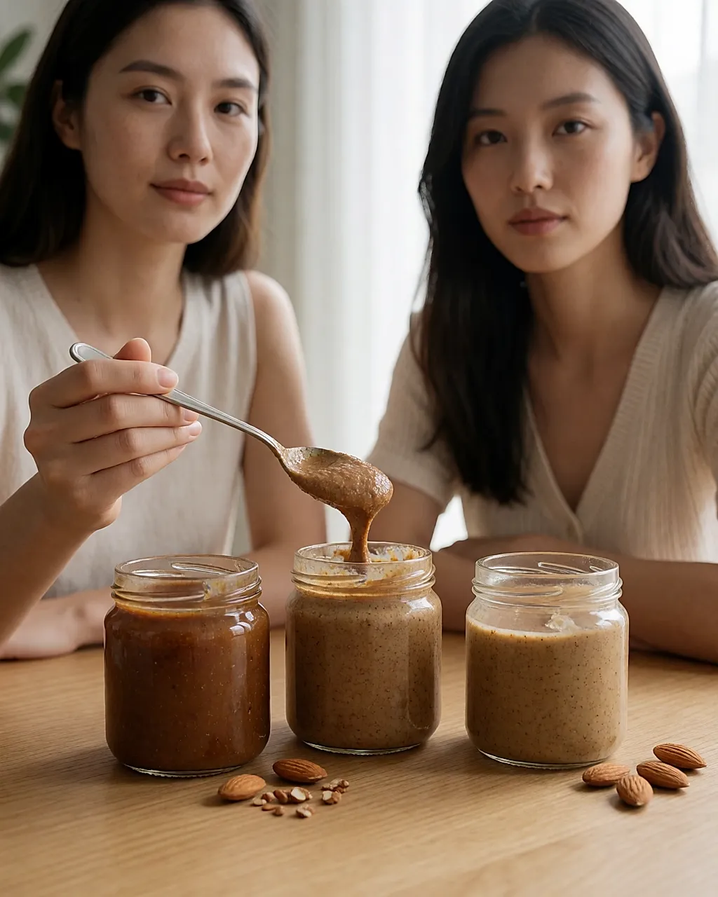 Tarros de mermelada, crema de almendra y miel sobre una mesa clara