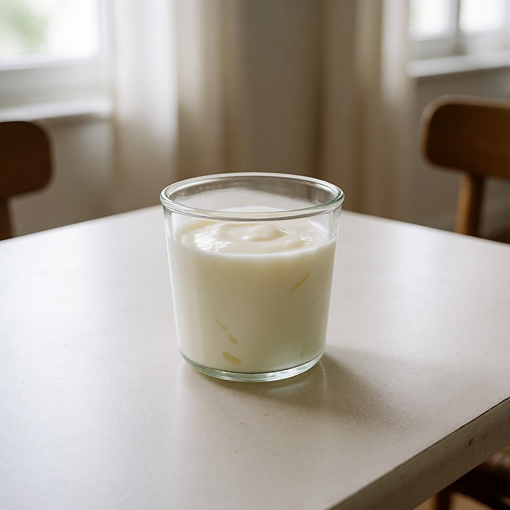 Un yogur natural servido en un tarro de cristal sobre una mesa de desayuno