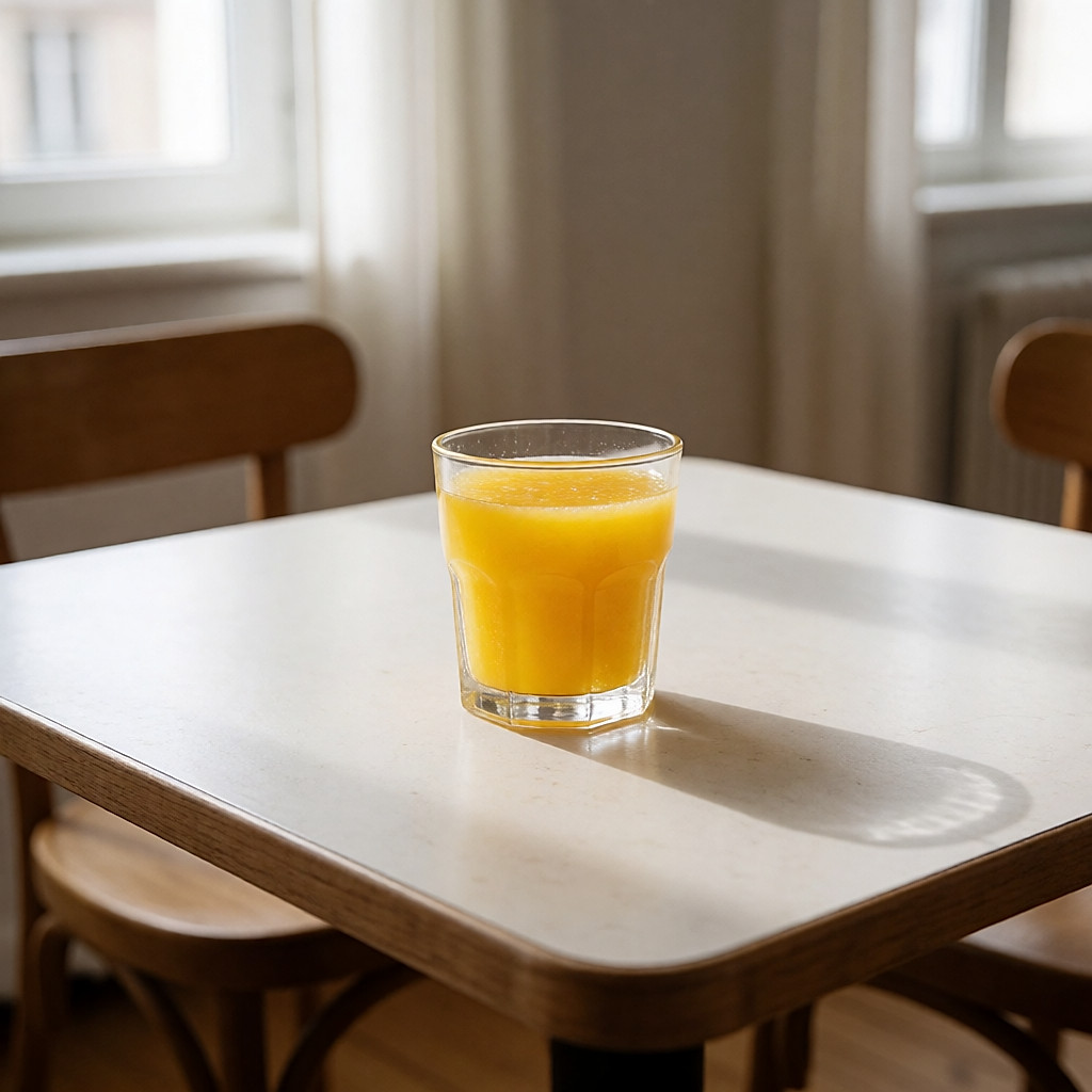 Un vaso de zumo de naranja recién exprimido sobre una mesa de desayuno