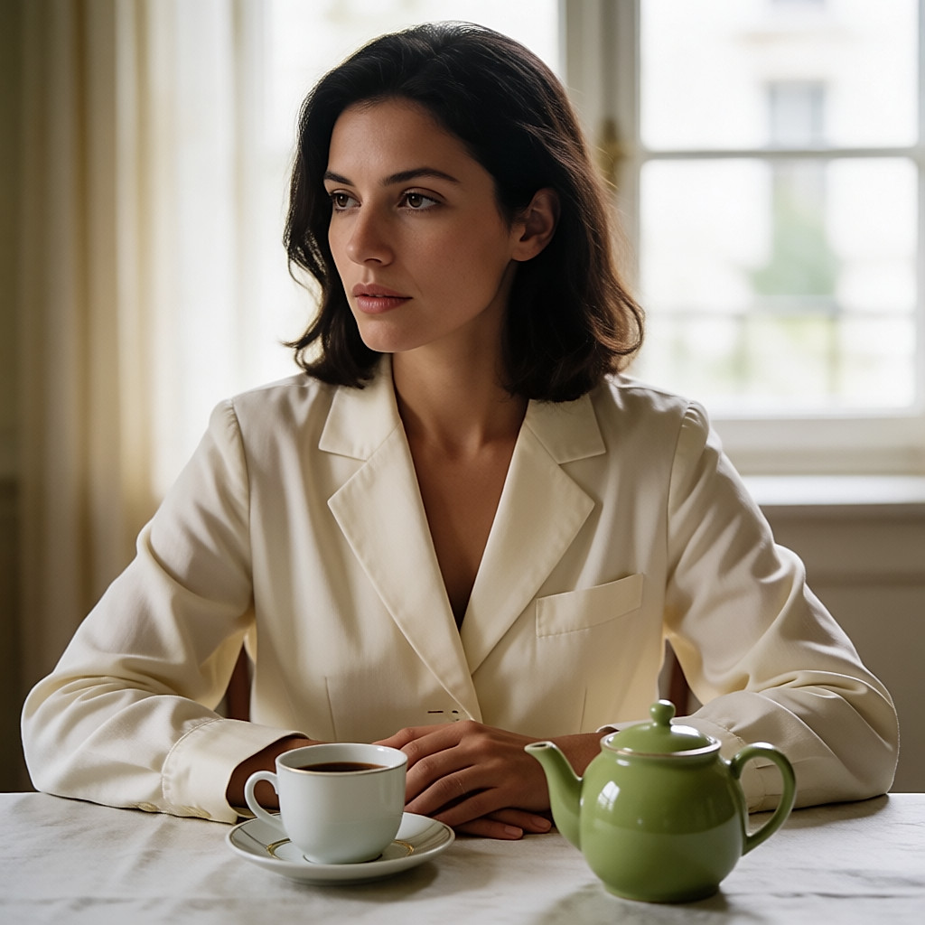 Una taza de café y una tetera pequeña de té verde, una junto a otra sobre la mesa