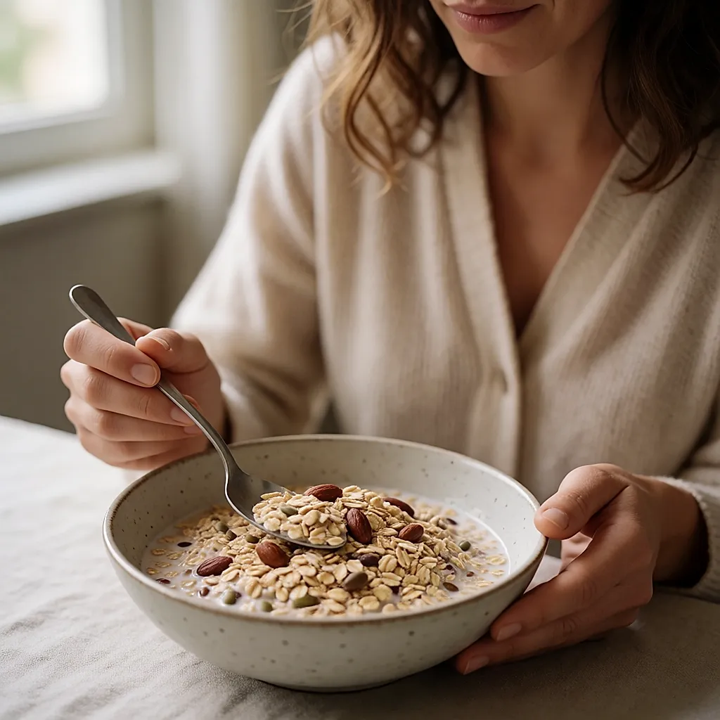 Uma taça de muesli com flocos de aveia, sementes e frutos secos