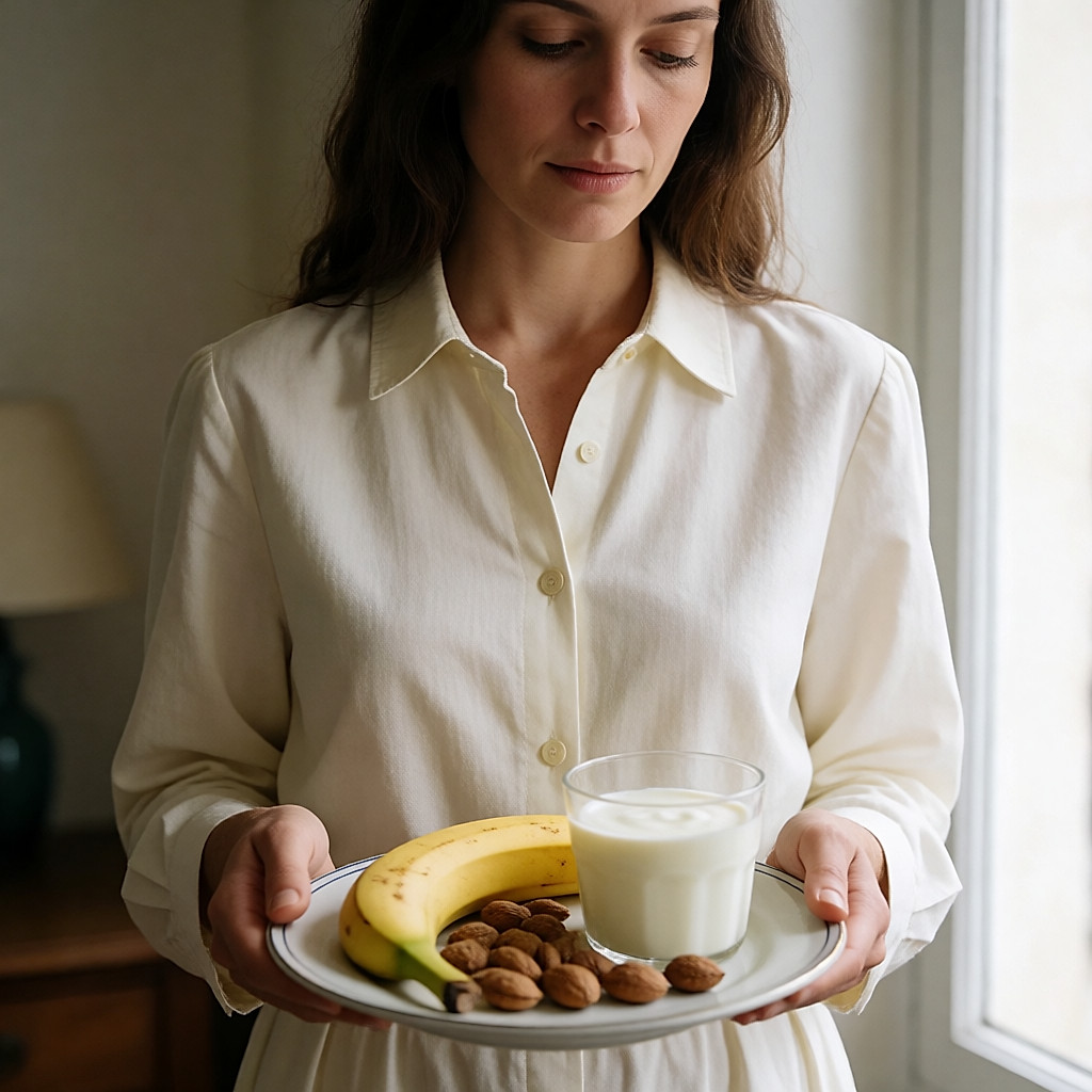 Un desayuno ligero: un yogur, un plátano y unos frutos secos en una bandeja