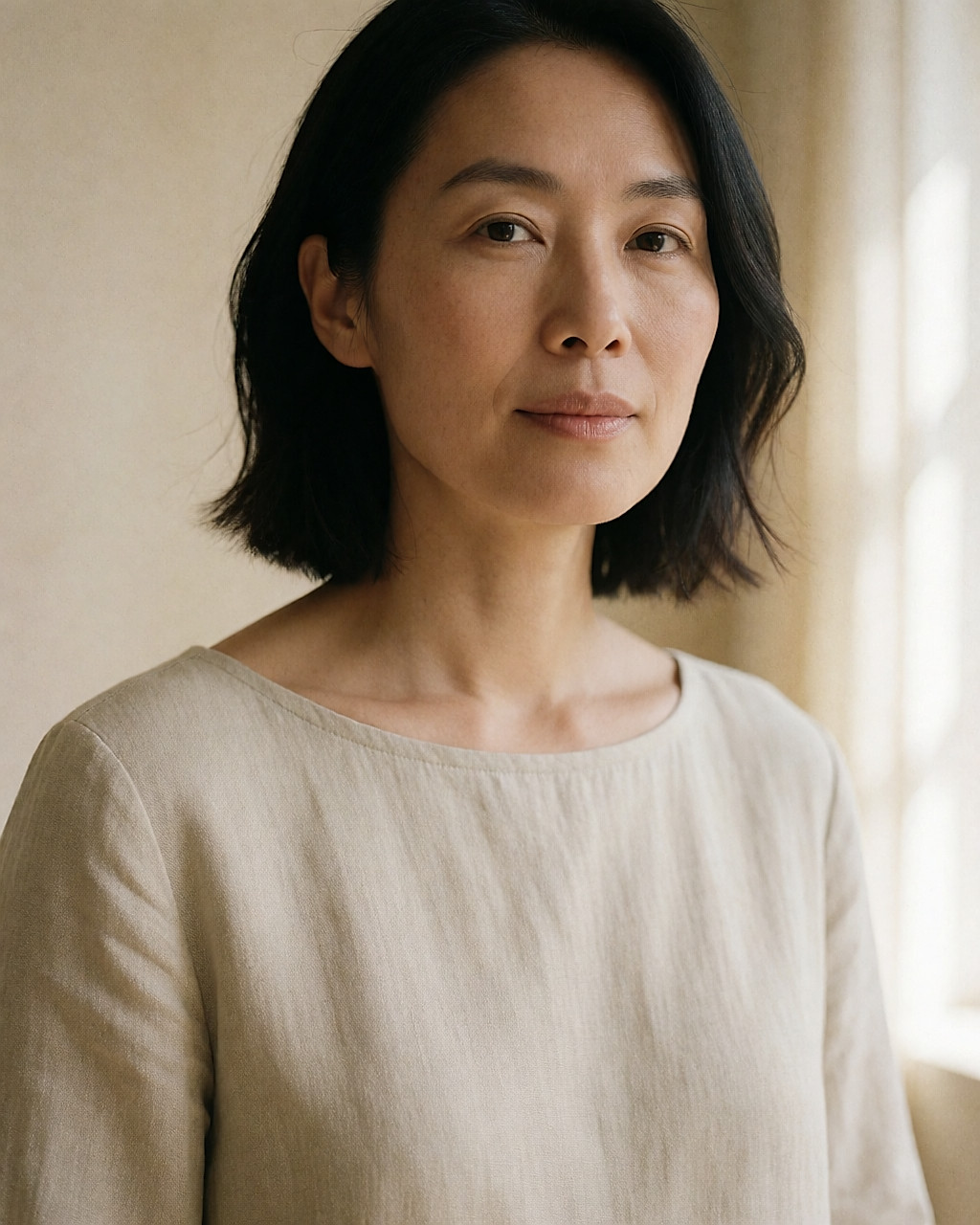 Décolleté d'une femme asiatique au teint clair, peau naturellement texturée, lumière douce et neutre