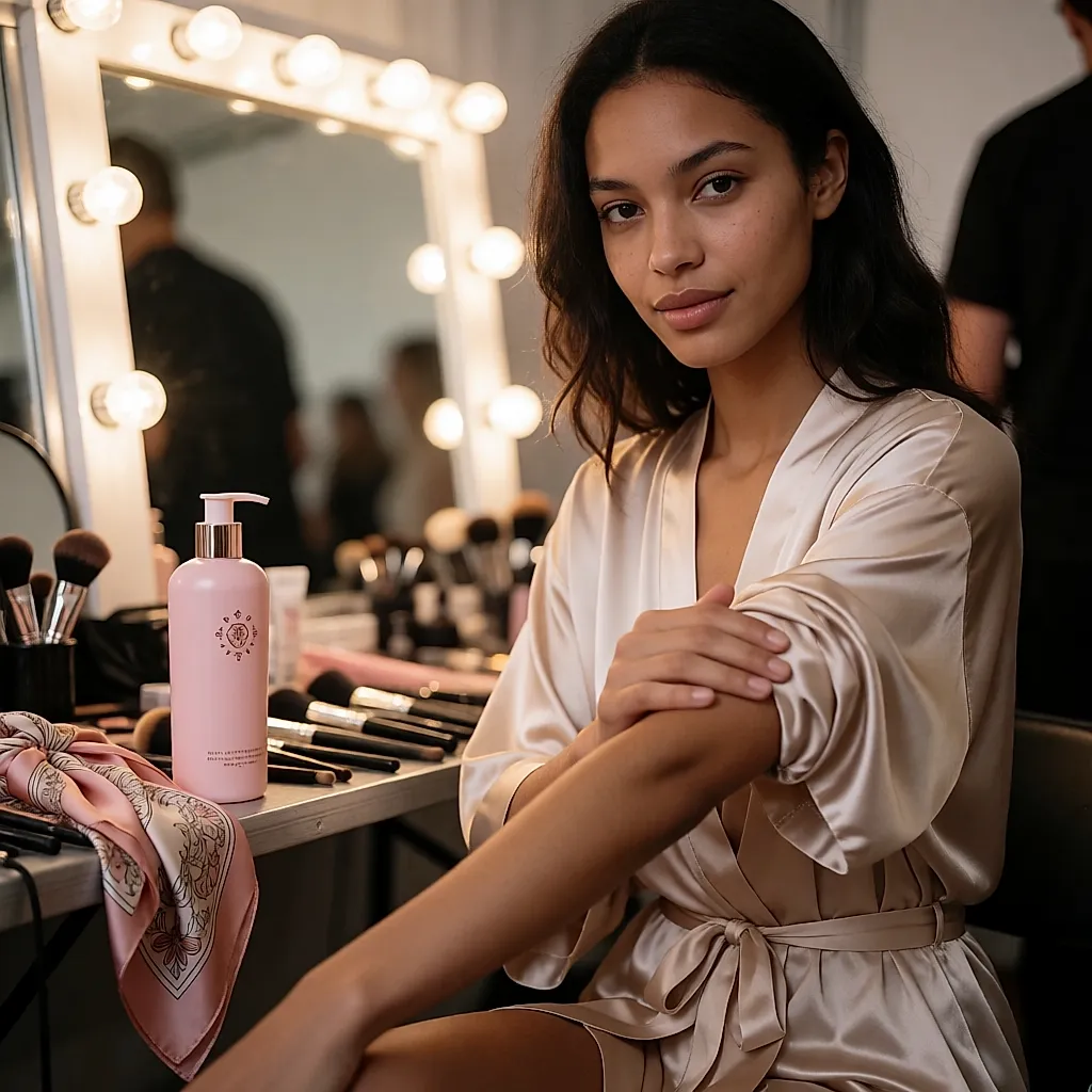 Une jeune femme en peignoir applique un lait pour le corps devant le miroir des loges