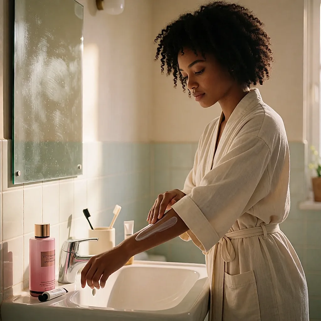 Une femme en peignoir applique de la lotion pour le corps au-dessus du lavabo, le soir