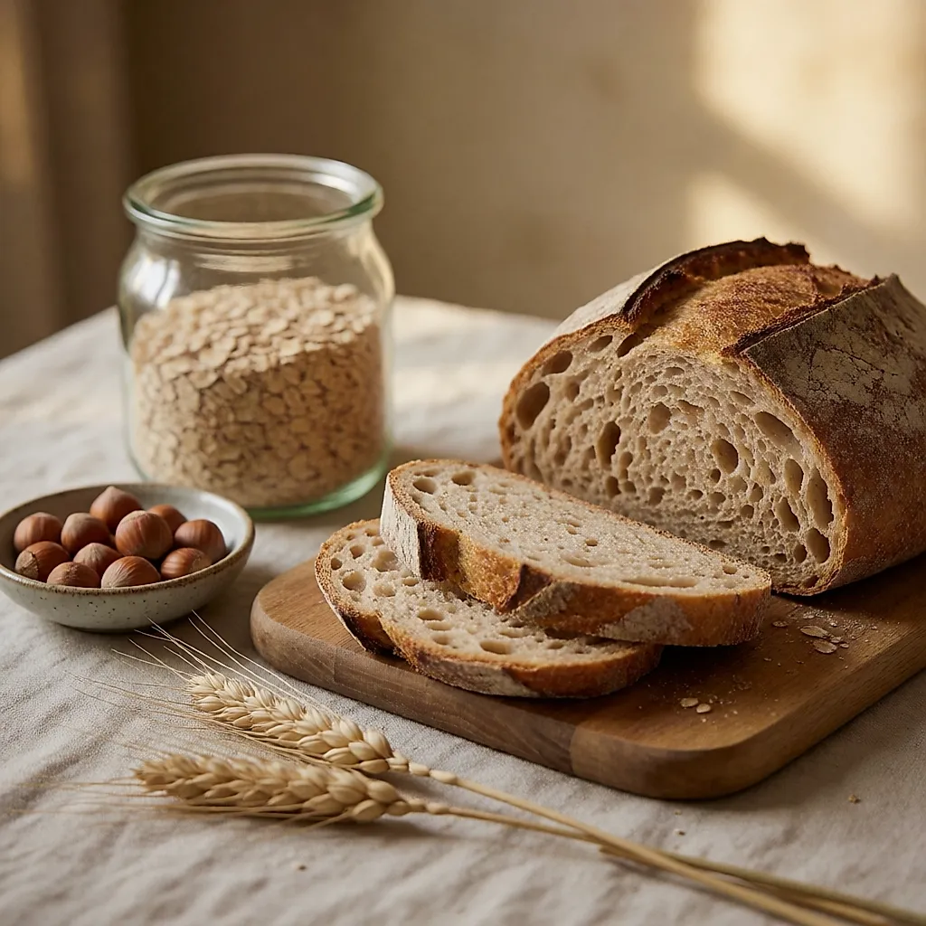 Pequenas taças com cereais integrais, leguminosas e frutos secos numa mesa de madeira