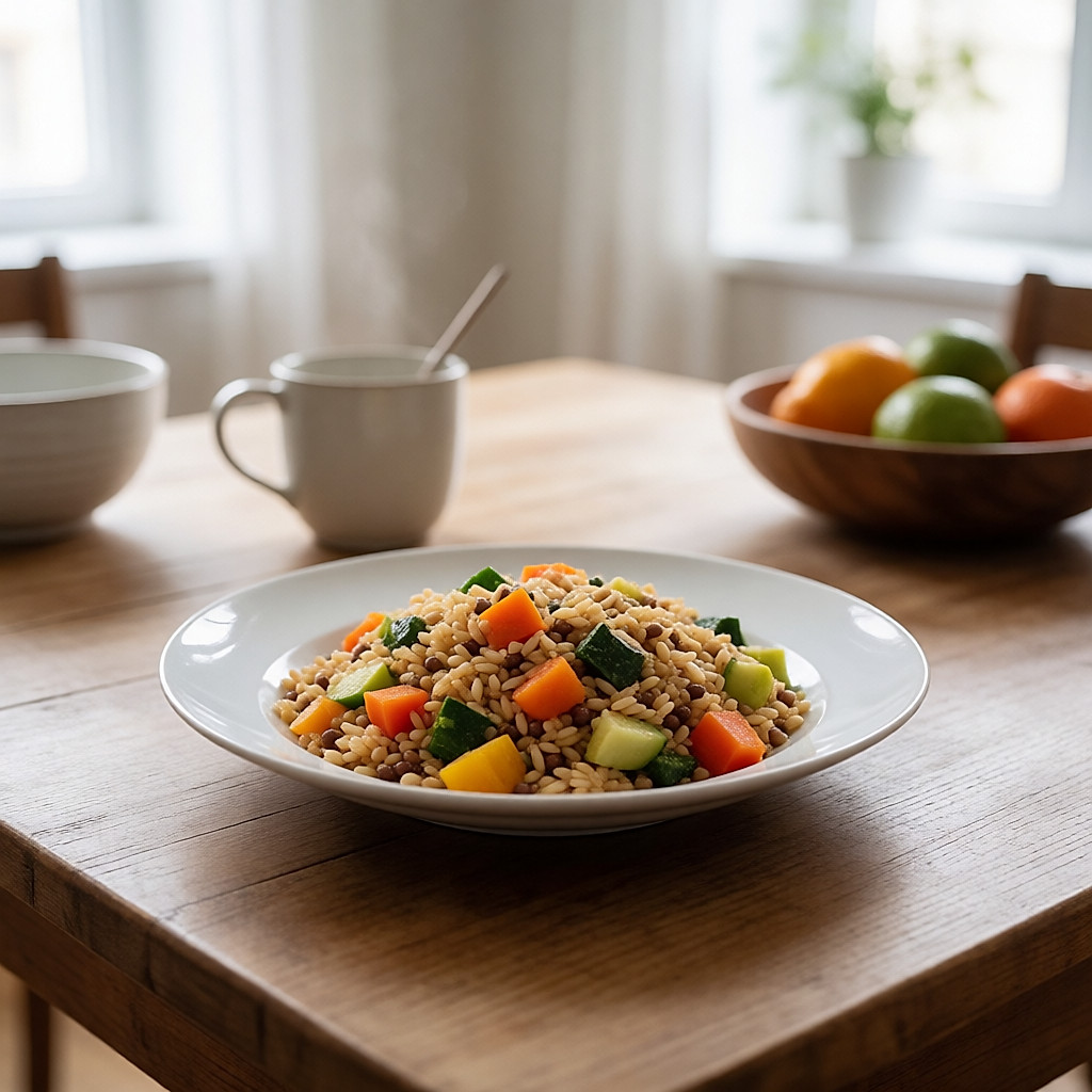Taça colorida com legumes, leguminosas e cereais numa mesa de madeira