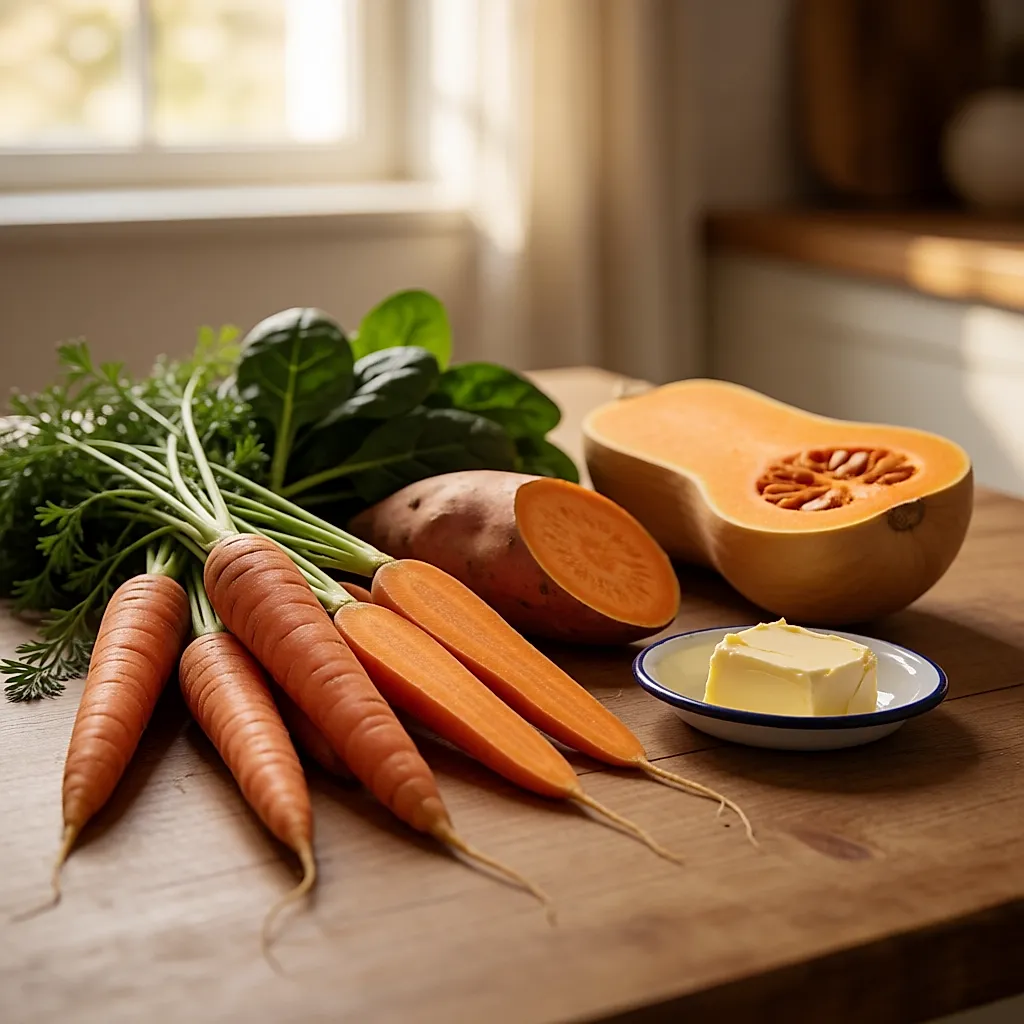 Carottes, patate douce, courge butternut et épinards sur une table en bois
