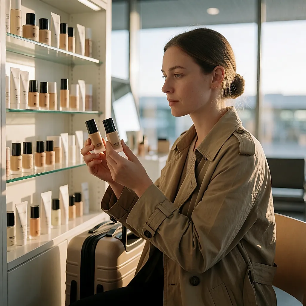 Une voyageuse compare deux fonds de teint dans une boutique beauté d’aéroport