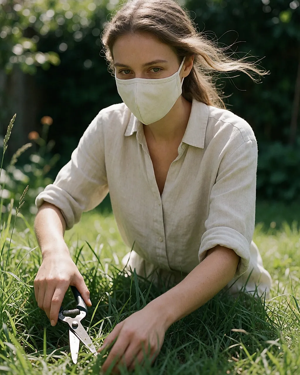 Junge Frau mit Stoffmaske schneidet mit einer Gartenschere hohes Gras