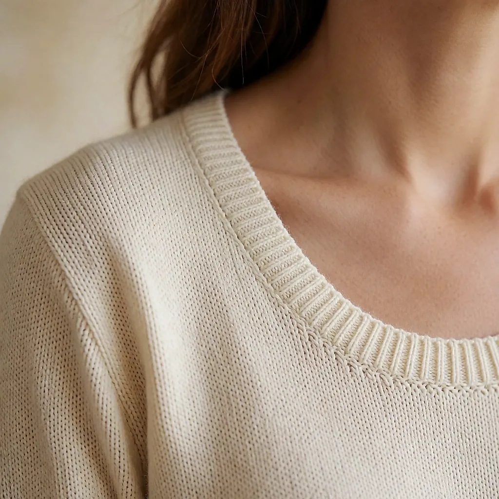 Détail d'une encolure échancrée ourlée sur une maille fine, clavicule dégagée