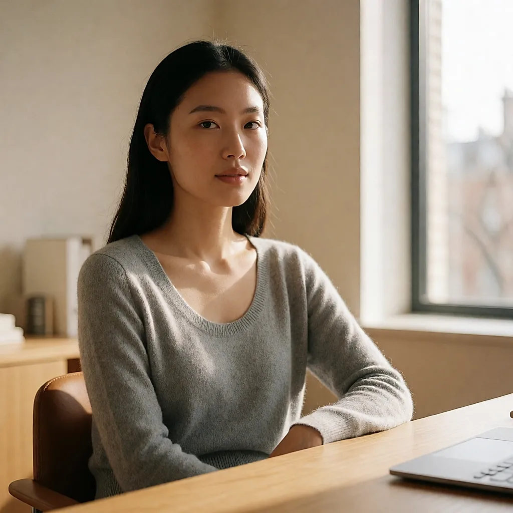 Une femme assise à son bureau porte un pull fin à encolure échancrée