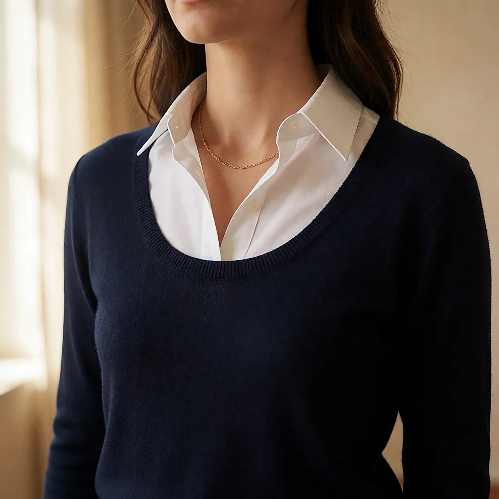 Un pull échancré en maille fine porté sur une chemise de popeline ouverte