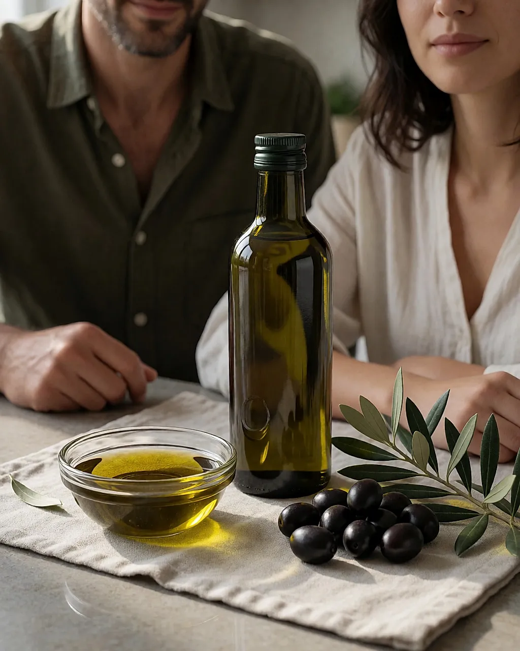 Aceite de oliva virgen extra en botella de vidrio y aceitunas negras
