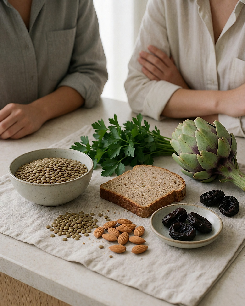 Lentilles, pain complet, pruneaux et amandes disposés sur un linge de lin clair