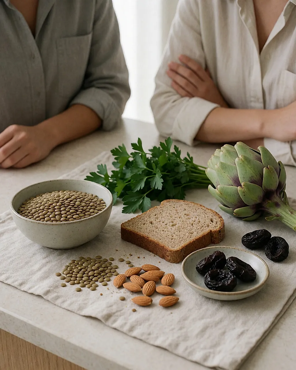 Linsen, Vollkornbrot, Trockenpflaumen und Mandeln auf hellem Leinentuch