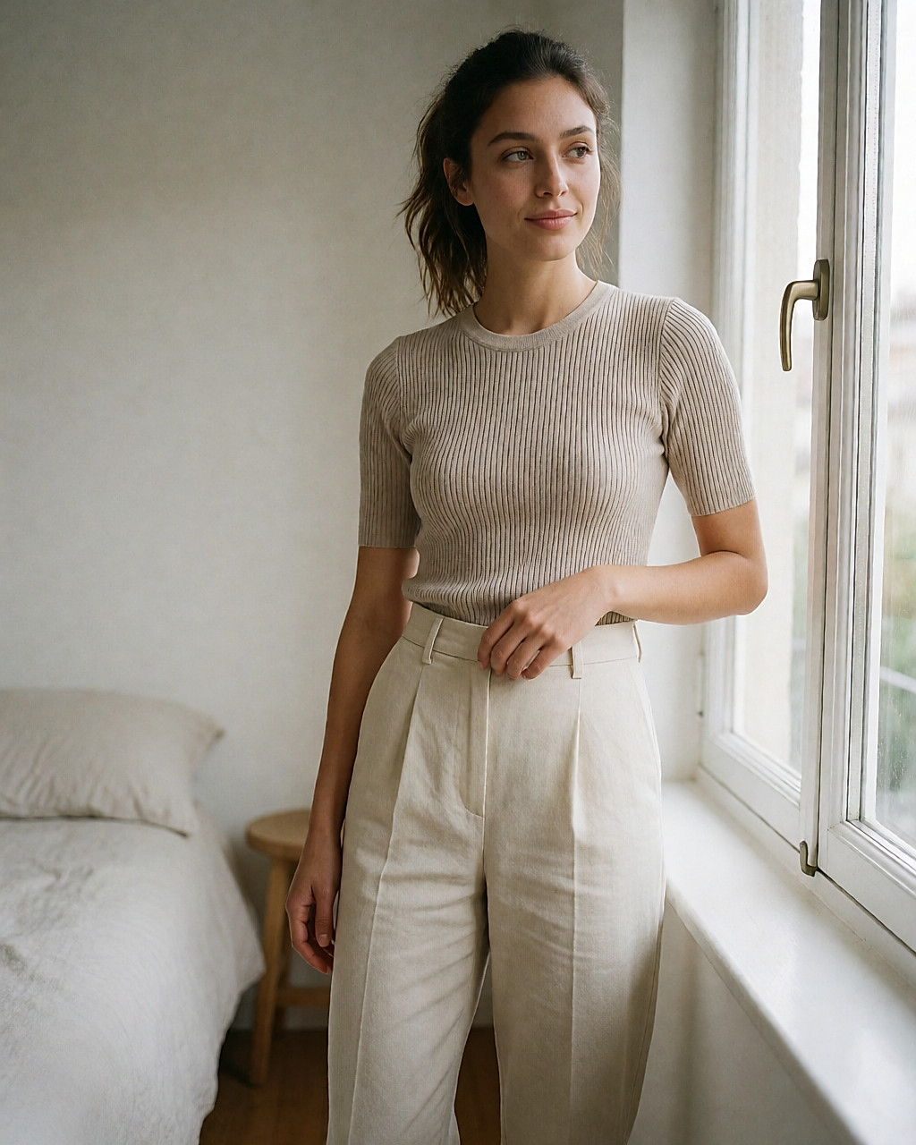 Femme métissée debout près d'une fenêtre, main posée sur la ceinture de son pantalon