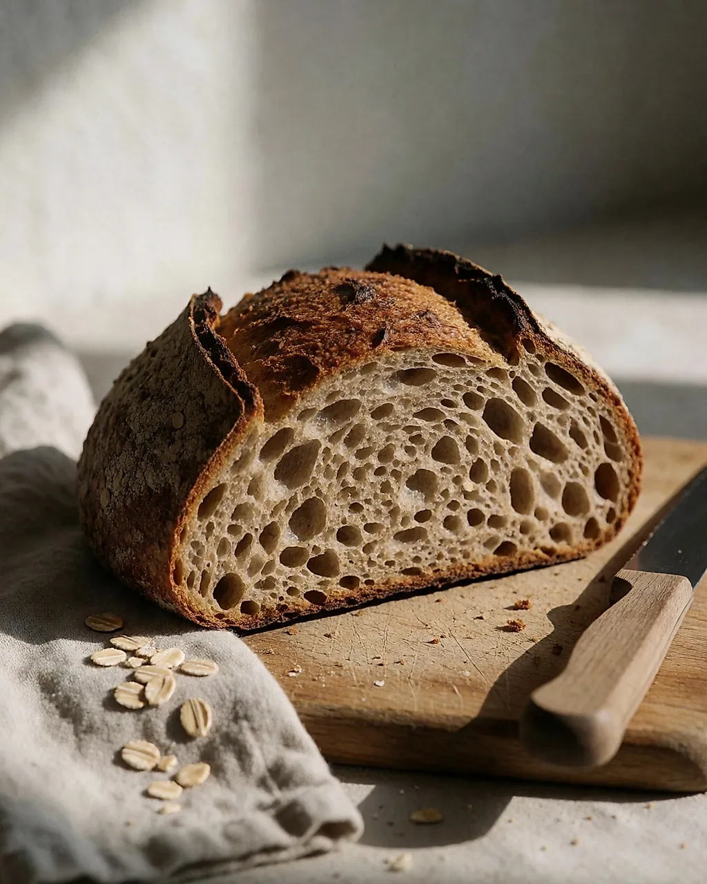 Nahaufnahme einer Scheibe Vollkorn-Sauerteigbrot auf einem Holzbrett, Krümel und Haferflocken