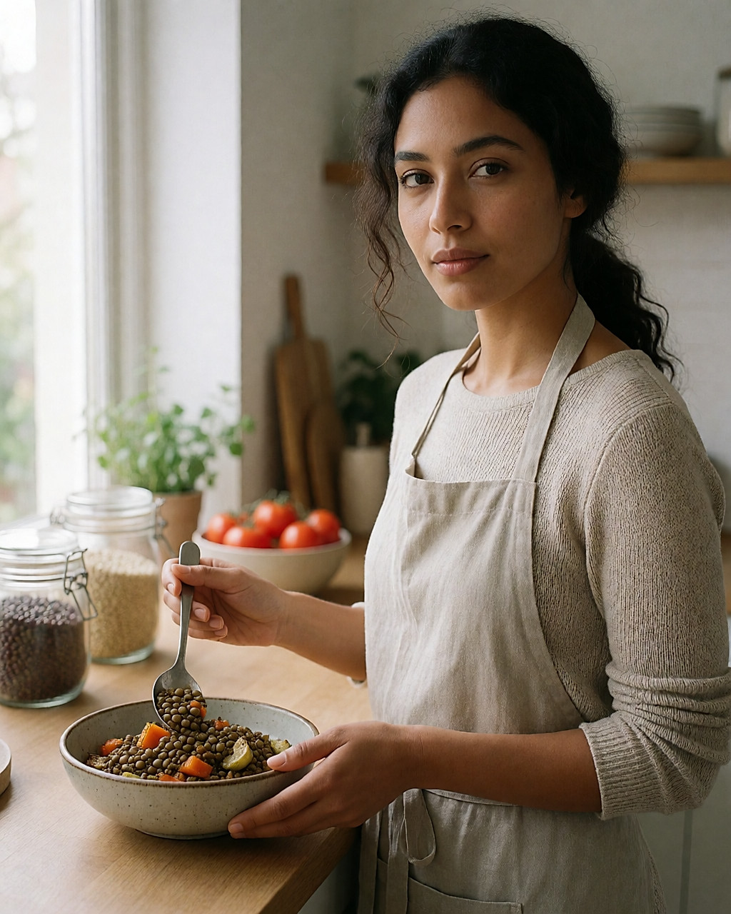 Jeune femme servant des lentilles et des légumes rôtis dans un bol, dans une cuisine lumineuse