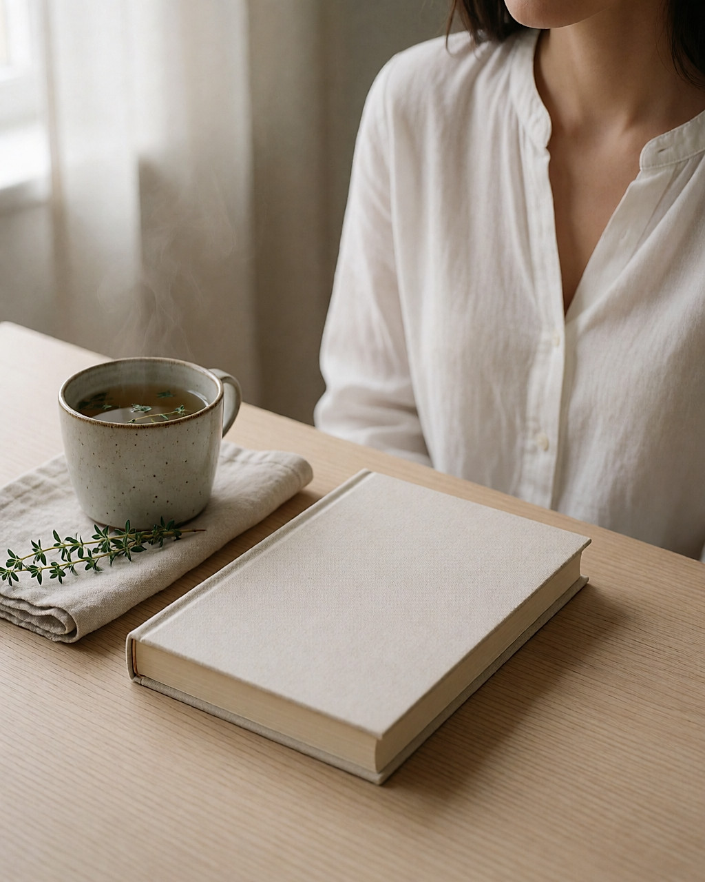 Livre à couverture vierge posé sur une table en bois près d'une tasse de tisane fumante