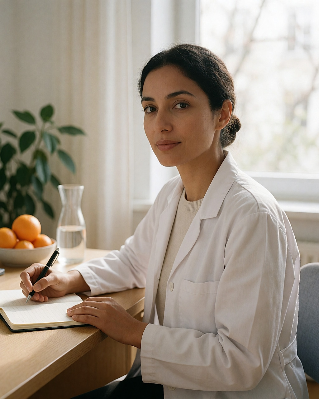 Médecin assise à son bureau dans un cabinet lumineux, carnet ouvert et corbeille de fruits