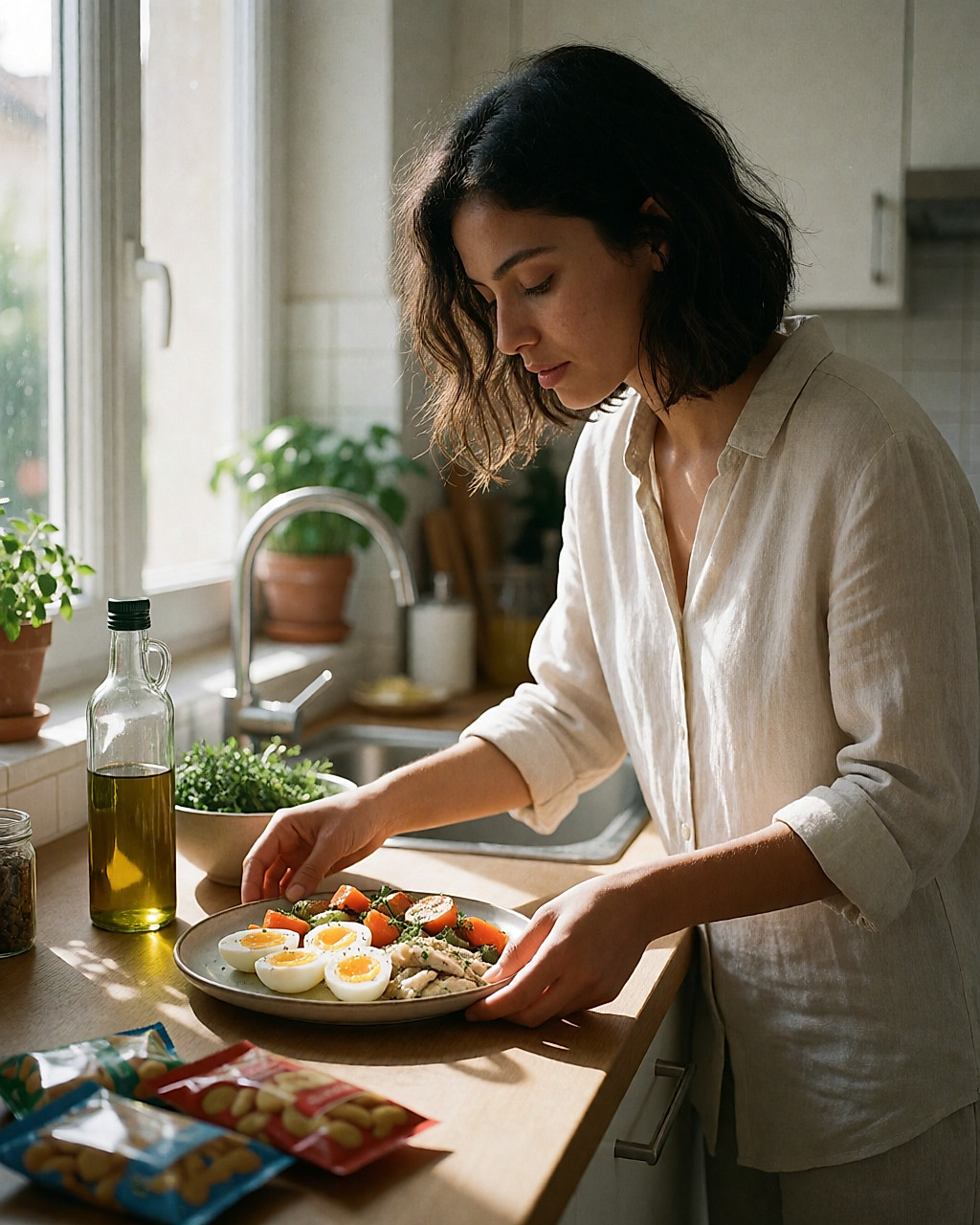 Jeune femme latina dans une cuisine lumineuse composant une assiette d'œufs, de poisson et de légumes frais