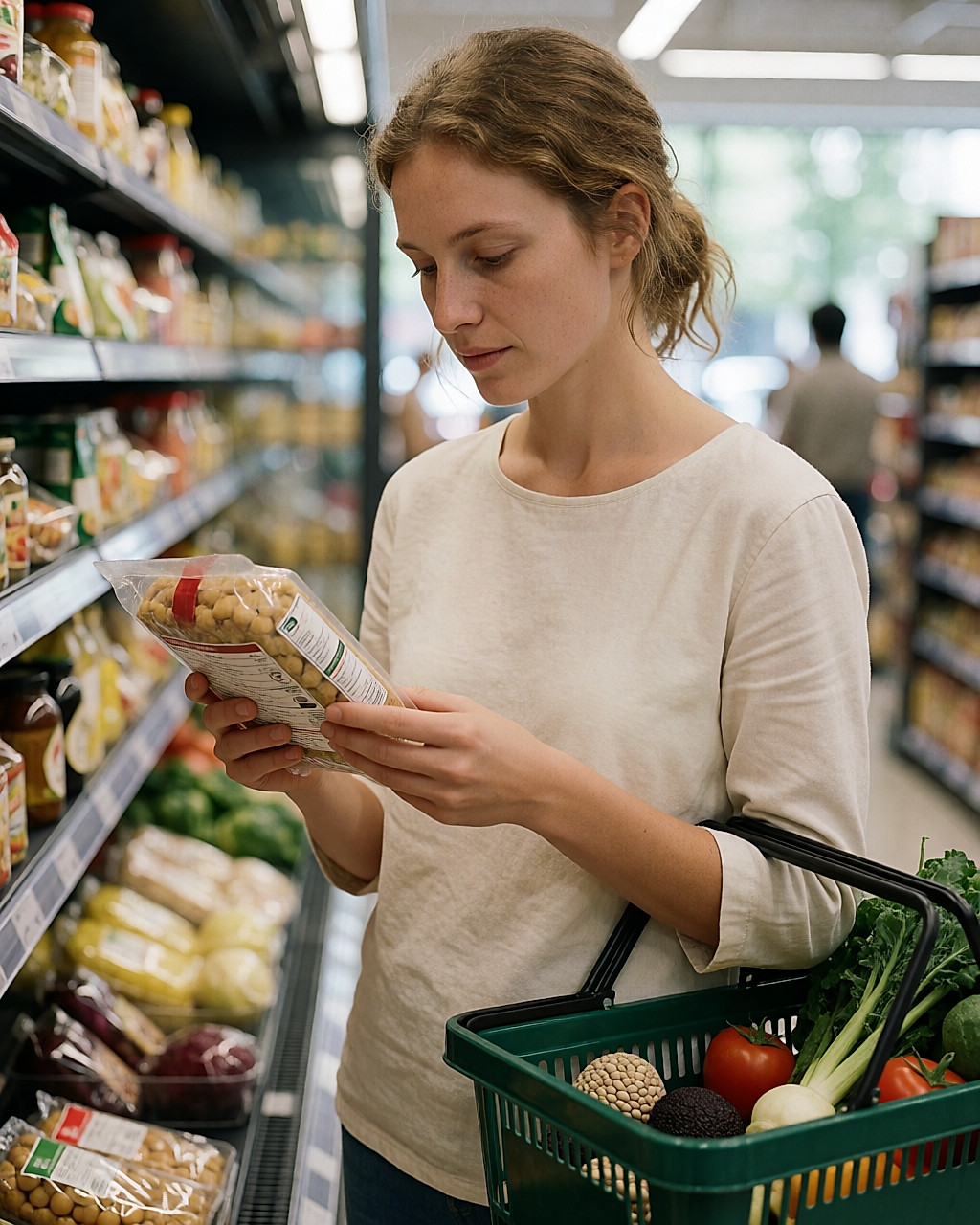 Jeune femme lisant l'étiquette nutritionnelle d'un produit en supermarché, panier de légumes à côté