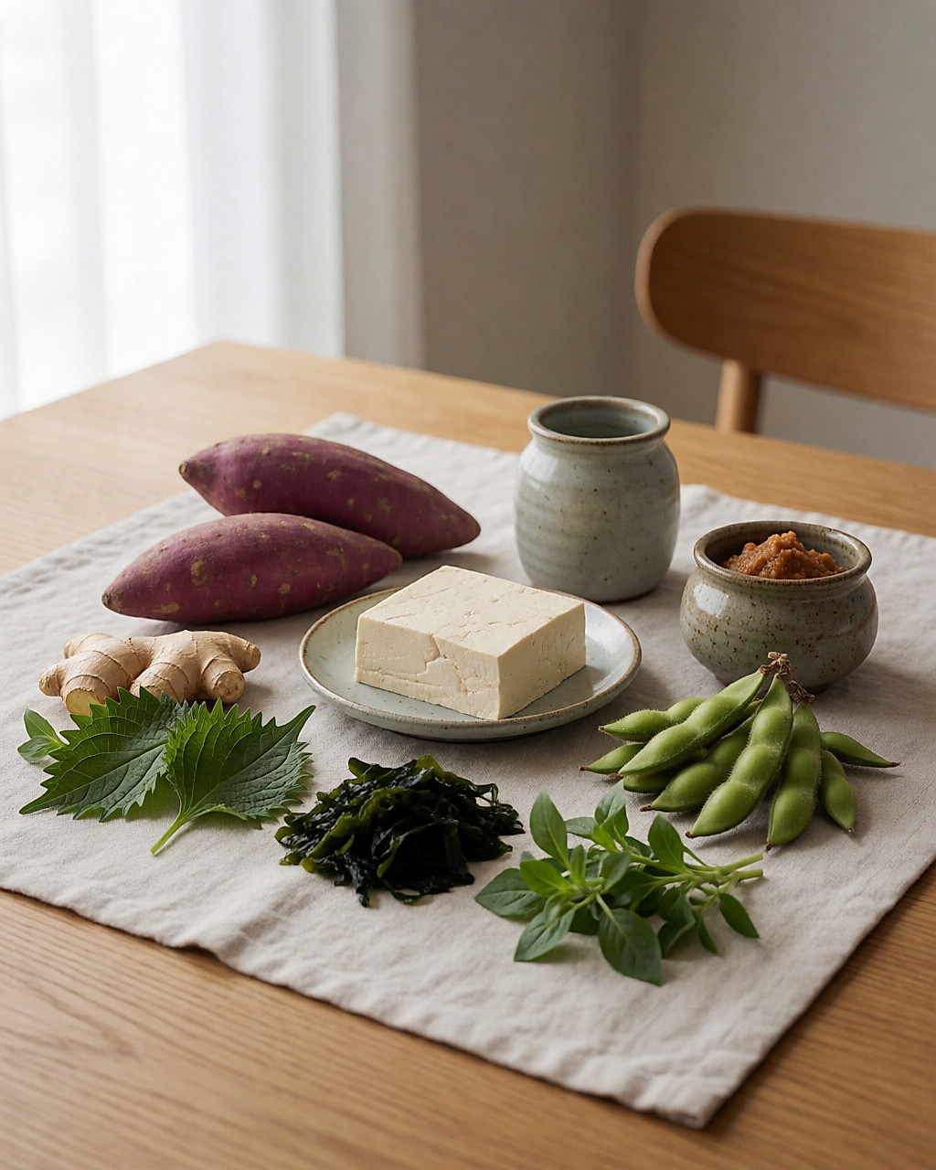 Ingrédients bruts sur un linge de lin : patates douces violettes, tofu, algues wakame, gingembre frais et miso