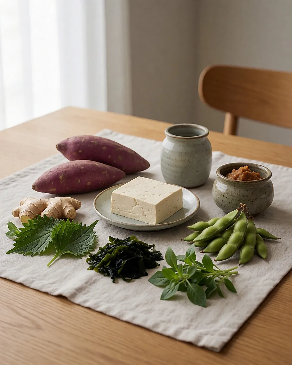 Rohe Zutaten auf einem Leinentuch: violette Süßkartoffeln, Tofu, Wakame-Algen, frischer Ingwer und Miso