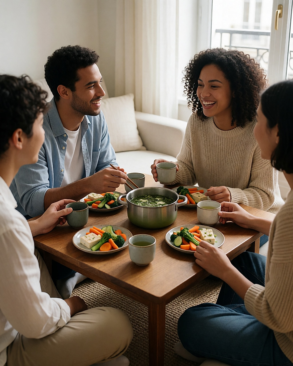 Trois jeunes adultes partagent un thé et quelques plats autour d’une table basse en bois, dans une pièce très lumineuse