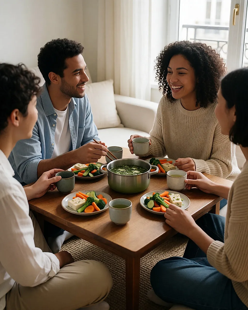 Drei junge Erwachsene teilen in einem sehr hellen Raum Tee und einige Gerichte an einem niedrigen Holztisch