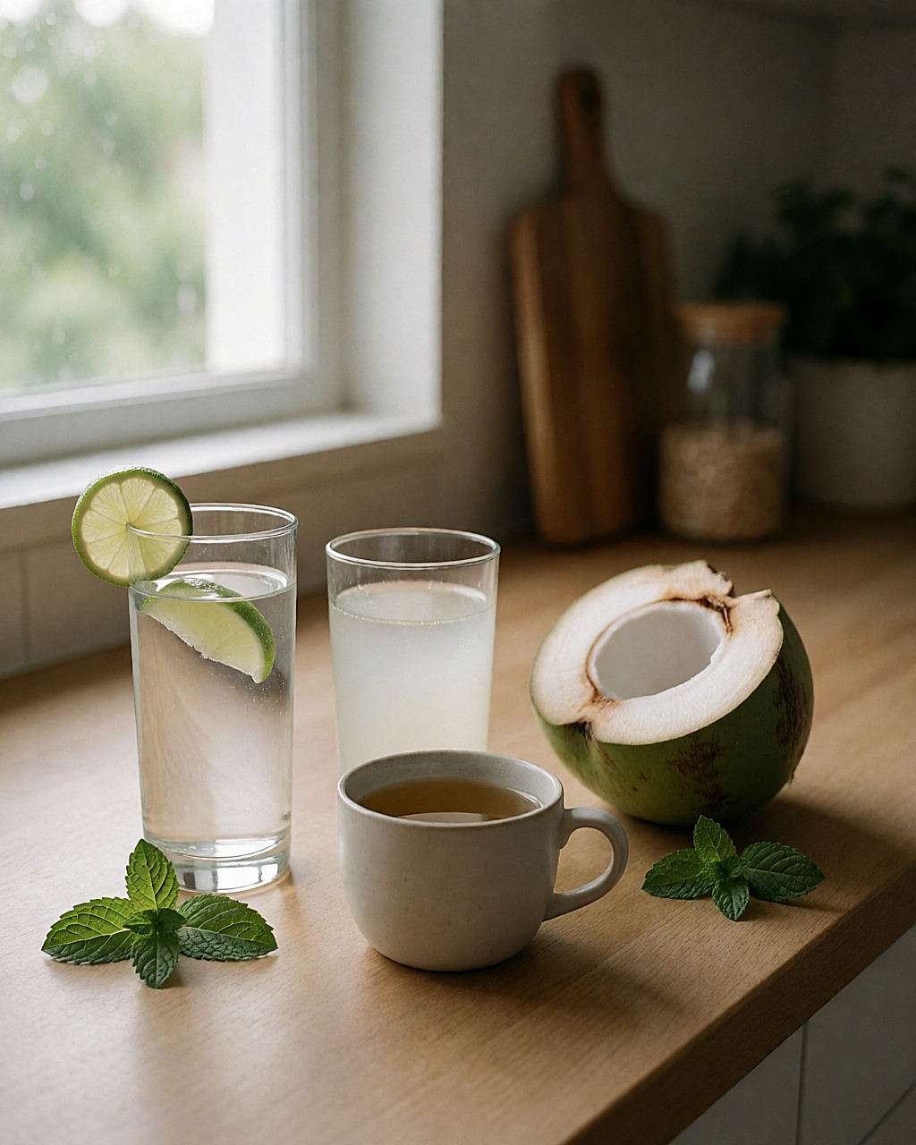 Verre d'eau citronnée, eau de coco et tasse de thé posés sur un plan de travail en bois clair