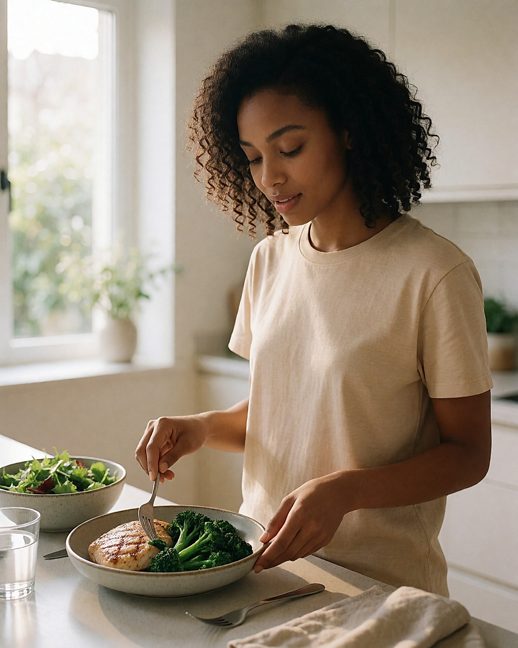 Jeune femme préparant dans sa cuisine une assiette de poulet grillé et de légumes verts, sans féculents