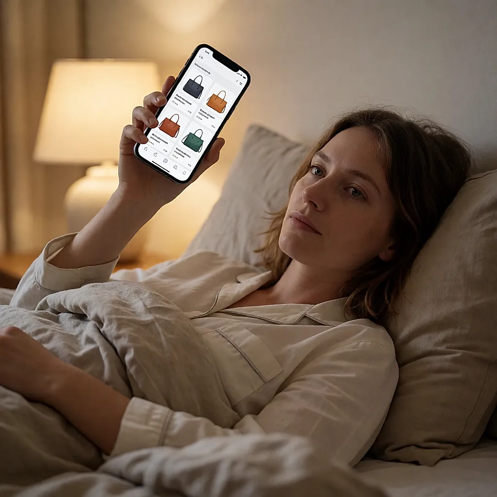 Une femme fait défiler des annonces de sacs en cuir d'occasion sur son téléphone, au lit, le soir