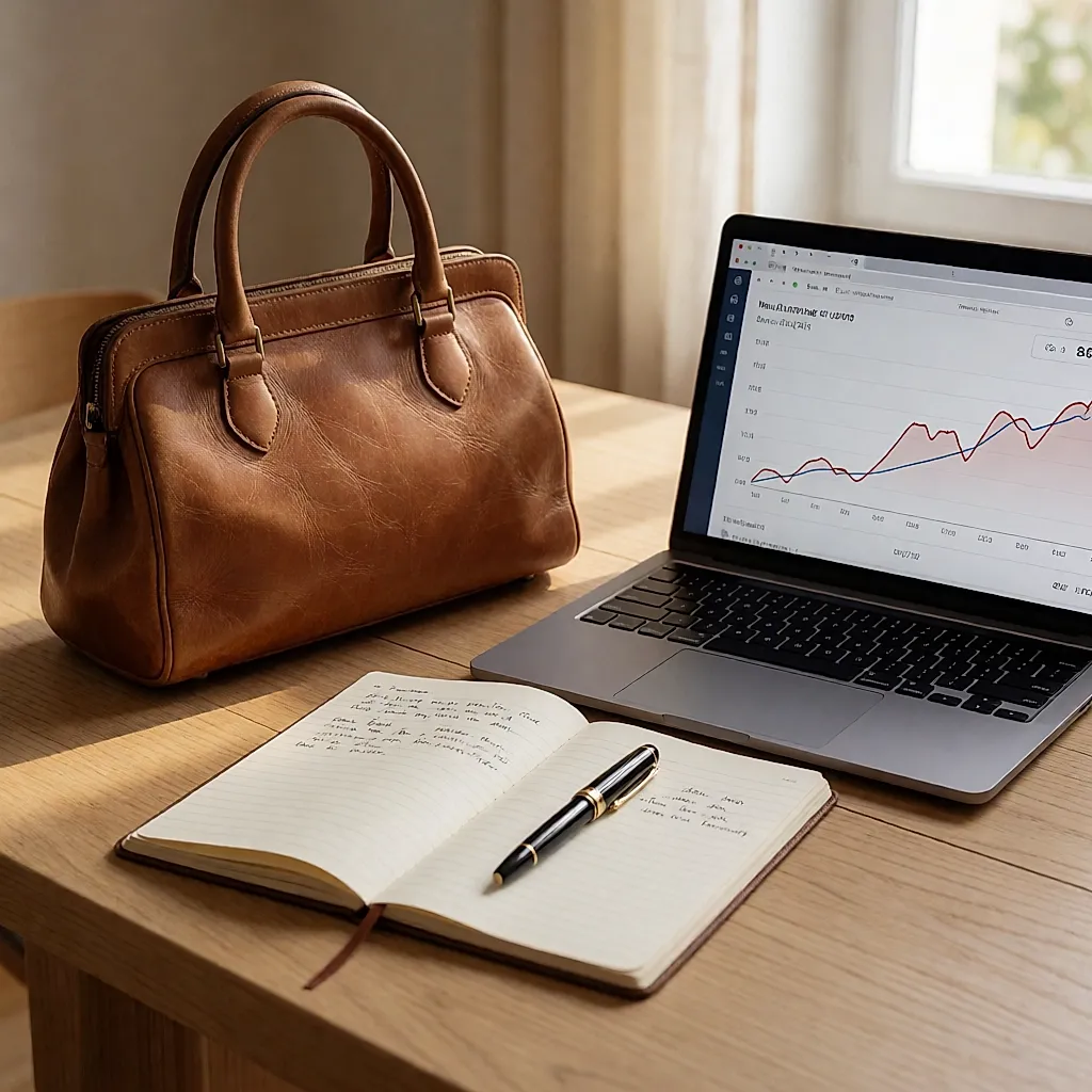 Un ordinateur portable affiche une courbe de prix à côté d'un sac en cuir et d'un carnet