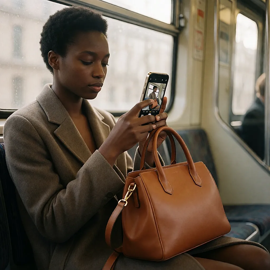 Dans le métro, une femme photographie son sac en cuir avec son téléphone pour une recherche par image