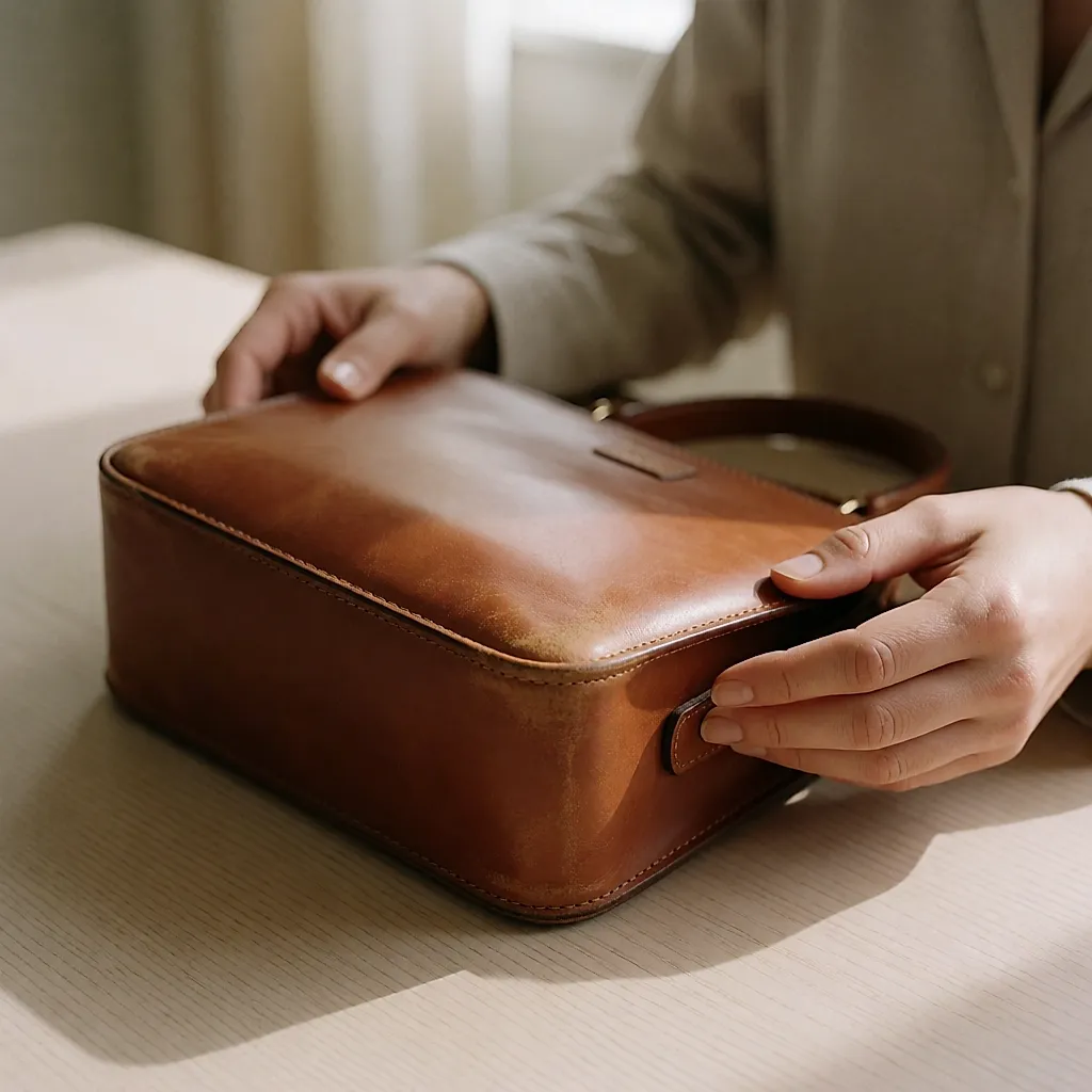 Gros plan sur les coins usés et les coutures d'un sac en cuir examiné à la lumière du jour