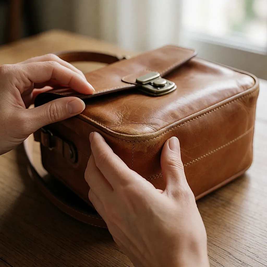 Gros plan sur les coins usés et les coutures d'un sac en cuir examiné à la lumière du jour